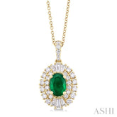 7x5 MM Oval Cut Emerald and 5/8 ctw Baguette & Round Cut Diamond Precious Pendant With Chain in 14K Yellow Gold